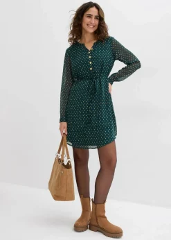 bonprix Bekleidung·Blazer|Umstandsmode^2-in-1 Umstands- und Stillkleid aus Chiffon tiefgrün/gold gepunktet