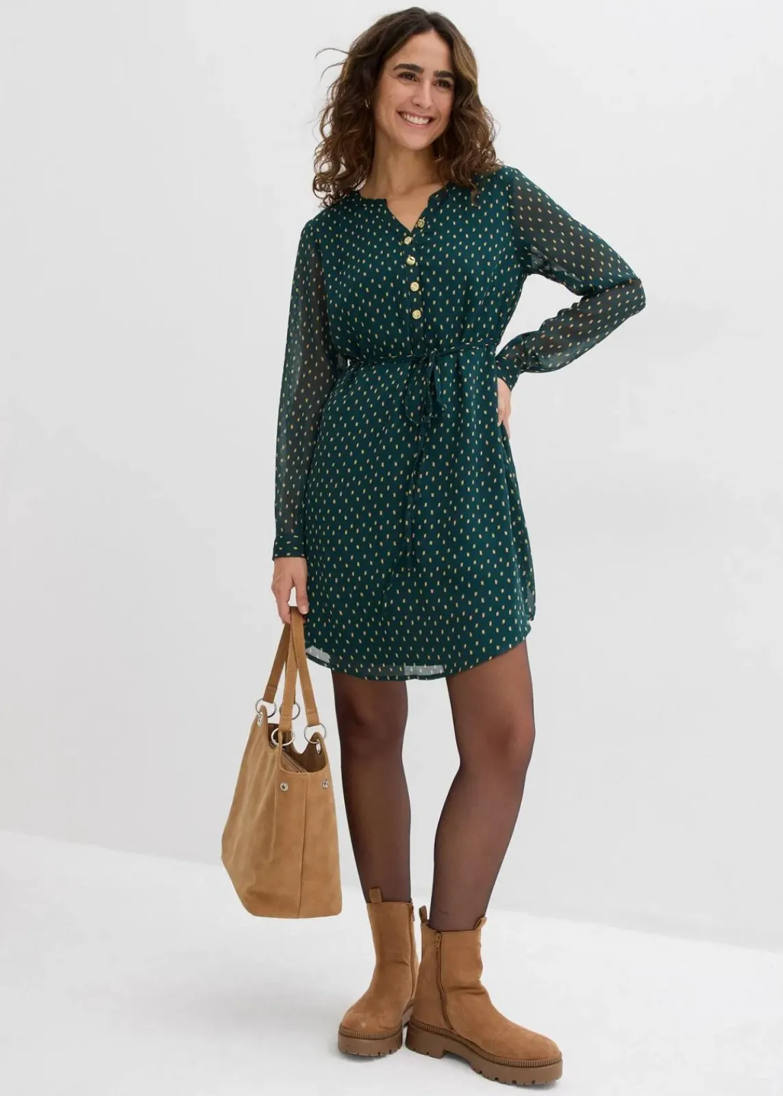 bonprix Bekleidung·Blazer|Umstandsmode^2-in-1 Umstands- und Stillkleid aus Chiffon tiefgrün/gold gepunktet