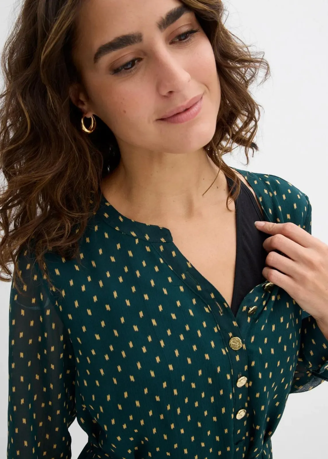bonprix Bekleidung·Blazer|Umstandsmode^2-in-1 Umstands- und Stillkleid aus Chiffon tiefgrün/gold gepunktet