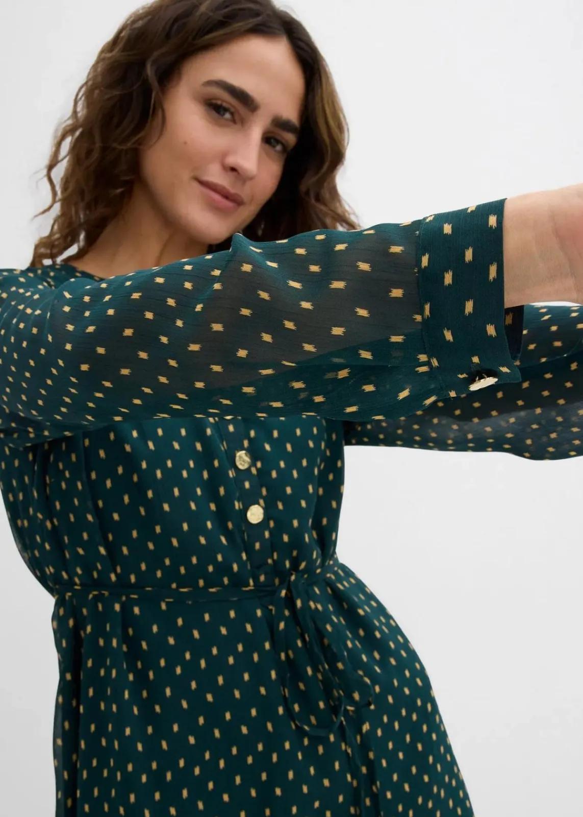 bonprix Bekleidung·Blazer|Umstandsmode^2-in-1 Umstands- und Stillkleid aus Chiffon tiefgrün/gold gepunktet