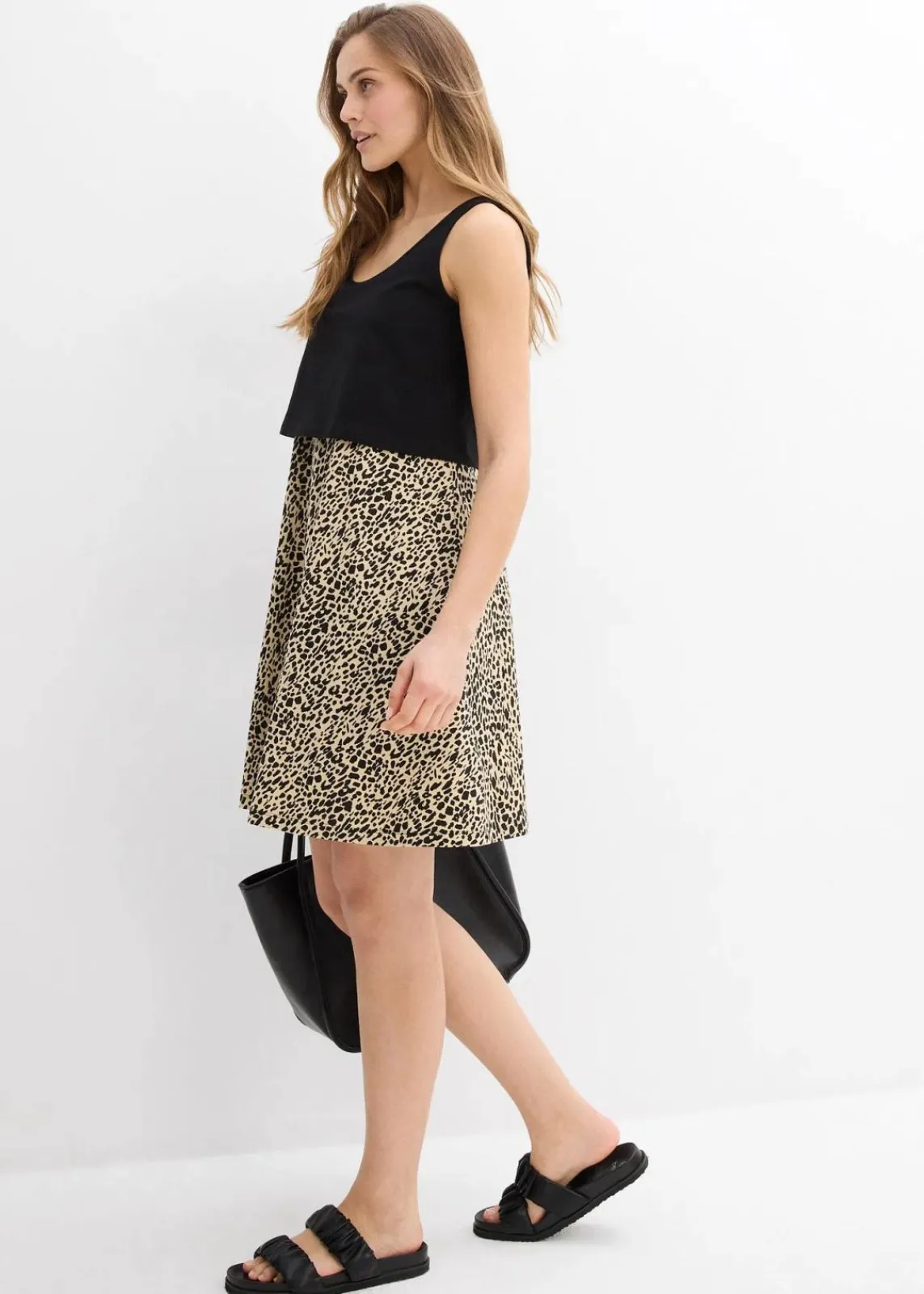 bonprix Bekleidung·Blazer|Umstandsmode^2-in-1 Umstands- und Stillkleid aus Baumwolljersey schwarz/beige leo bedruckt