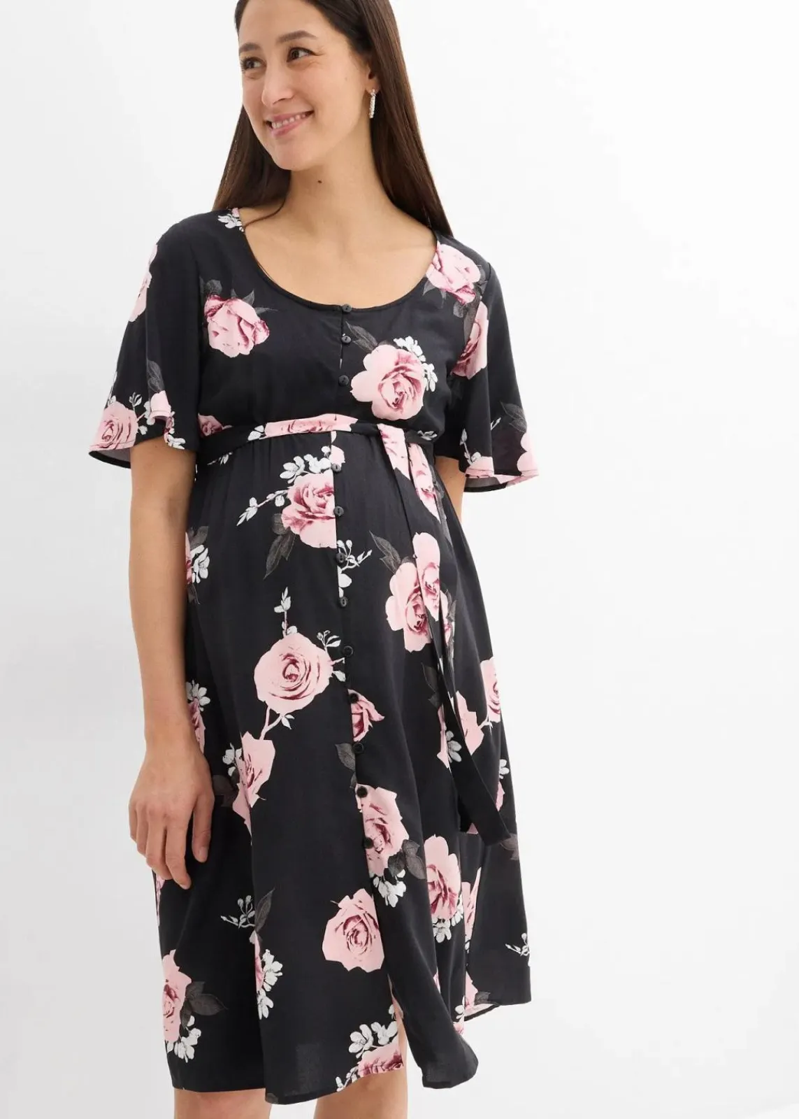 bonprix Umstandsmode^2-in-1 Umstands- und Stillkleid aus gewebter Viskose schwarz/altrosa geblümt