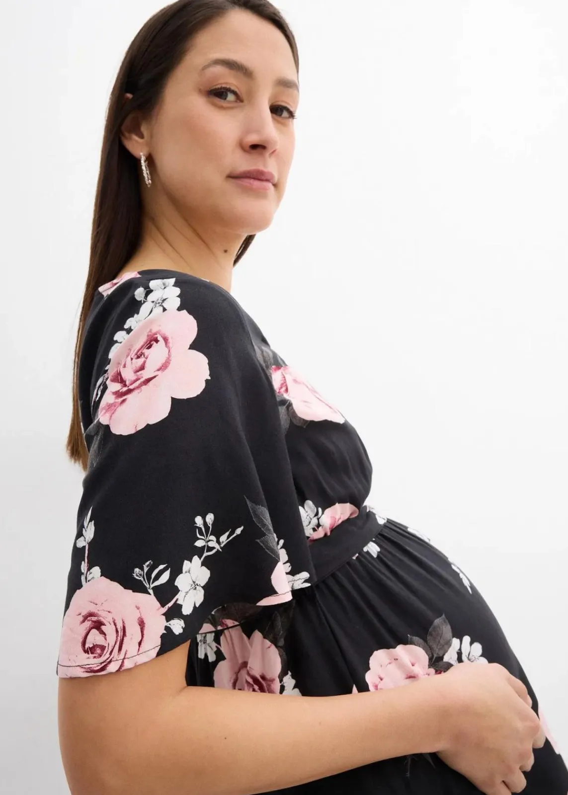 bonprix Umstandsmode^2-in-1 Umstands- und Stillkleid aus gewebter Viskose schwarz/altrosa geblümt