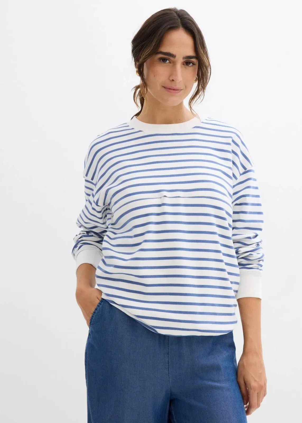 bonprix Bekleidung·Blazer|Umstandsmode^2-in-1 Umstands- und Stillshirt aus reiner Baumwolle wollweiß/jeansblau gestreift