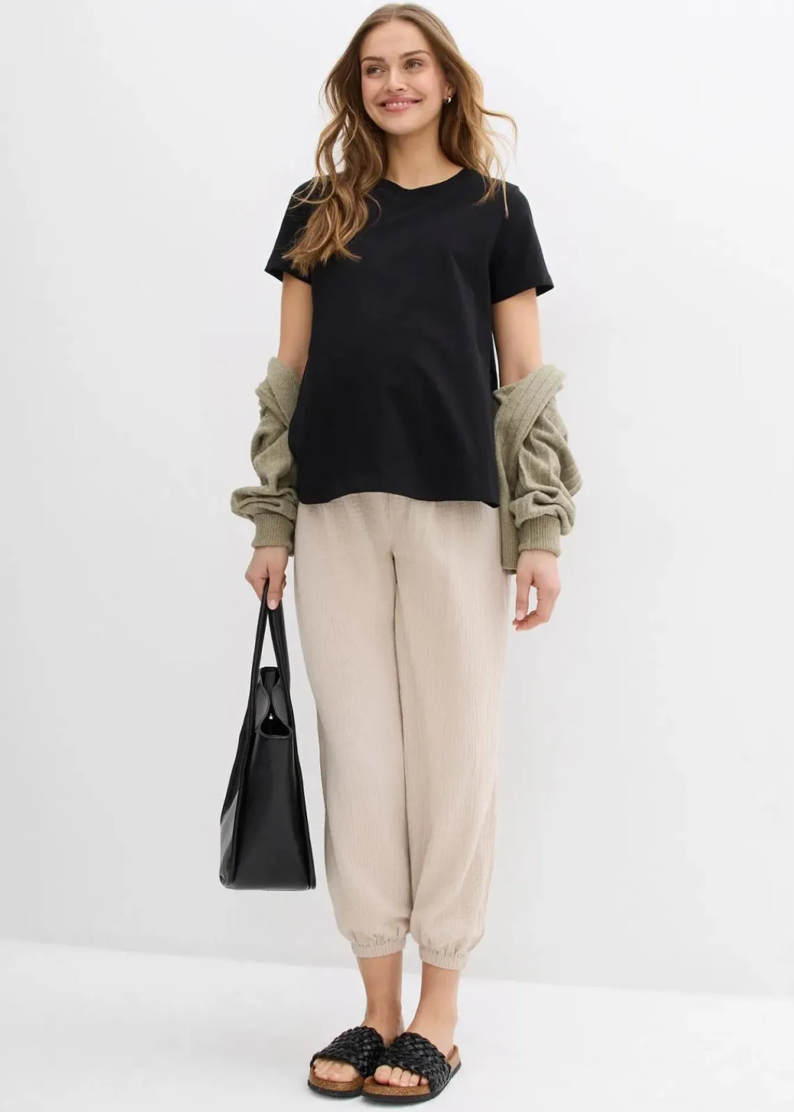 bonprix Bekleidung·Blazer|Umstandsmode^2-in-1 Umstandshose aus reinem Baumwollmusselin für die Schwangerschaft und danach steingrau
