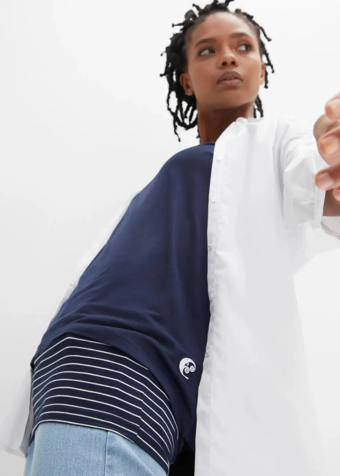 bonprix Nachhaltigere Materialien|Shirts & Tops^2-in-1-Shirt dunkelblau/weiß geringelt