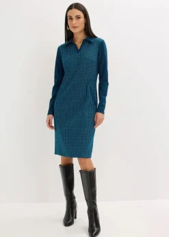bonprix Bekleidung·Pullover & Strickjacken|Kleider^Jacquard Kleid mit Kontrastkragen blaupetrol/perlweiß kariert