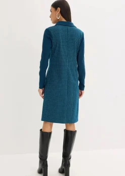 bonprix Bekleidung·Pullover & Strickjacken|Kleider^Jacquard Kleid mit Kontrastkragen blaupetrol/perlweiß kariert