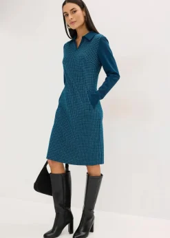 bonprix Bekleidung·Pullover & Strickjacken|Kleider^Jacquard Kleid mit Kontrastkragen blaupetrol/perlweiß kariert