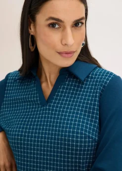 bonprix Bekleidung·Pullover & Strickjacken|Kleider^Jacquard Kleid mit Kontrastkragen blaupetrol/perlweiß kariert