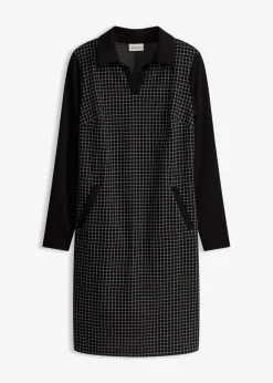 bonprix Bekleidung·Pullover & Strickjacken|Kleider^Jacquard Kleid mit Kontrastkragen schwarz/wollweiß kariert