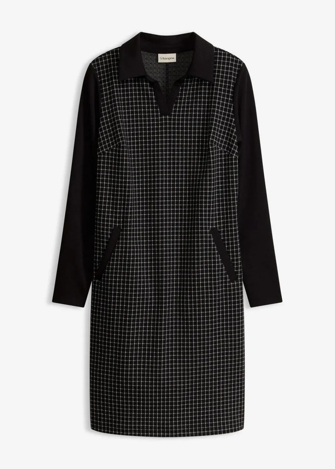 bonprix Bekleidung·Pullover & Strickjacken|Kleider^Jacquard Kleid mit Kontrastkragen schwarz/wollweiß kariert