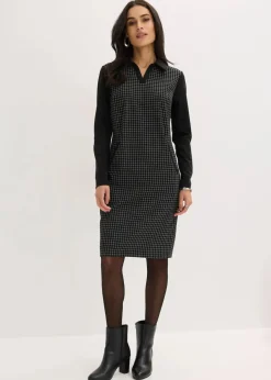 bonprix Bekleidung·Pullover & Strickjacken|Kleider^Jacquard Kleid mit Kontrastkragen schwarz/wollweiß kariert