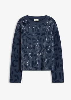 bonprix Bekleidung·Umstandsmode|Strickmode^Jacquard Oversize Pullover mit Pailletten indigo/dunkelblau leo