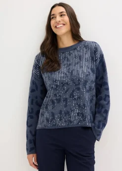 bonprix Bekleidung·Umstandsmode|Strickmode^Jacquard Oversize Pullover mit Pailletten indigo/dunkelblau leo