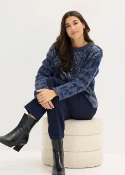 bonprix Bekleidung·Umstandsmode|Strickmode^Jacquard Oversize Pullover mit Pailletten indigo/dunkelblau leo