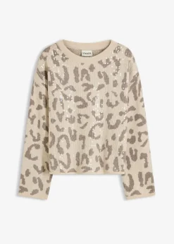 bonprix Bekleidung·Umstandsmode|Strickmode^Jacquard Oversize Pullover mit Pailletten sandbeige/taupe leo