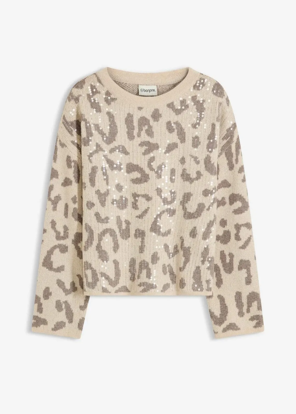 bonprix Bekleidung·Umstandsmode|Strickmode^Jacquard Oversize Pullover mit Pailletten sandbeige/taupe leo