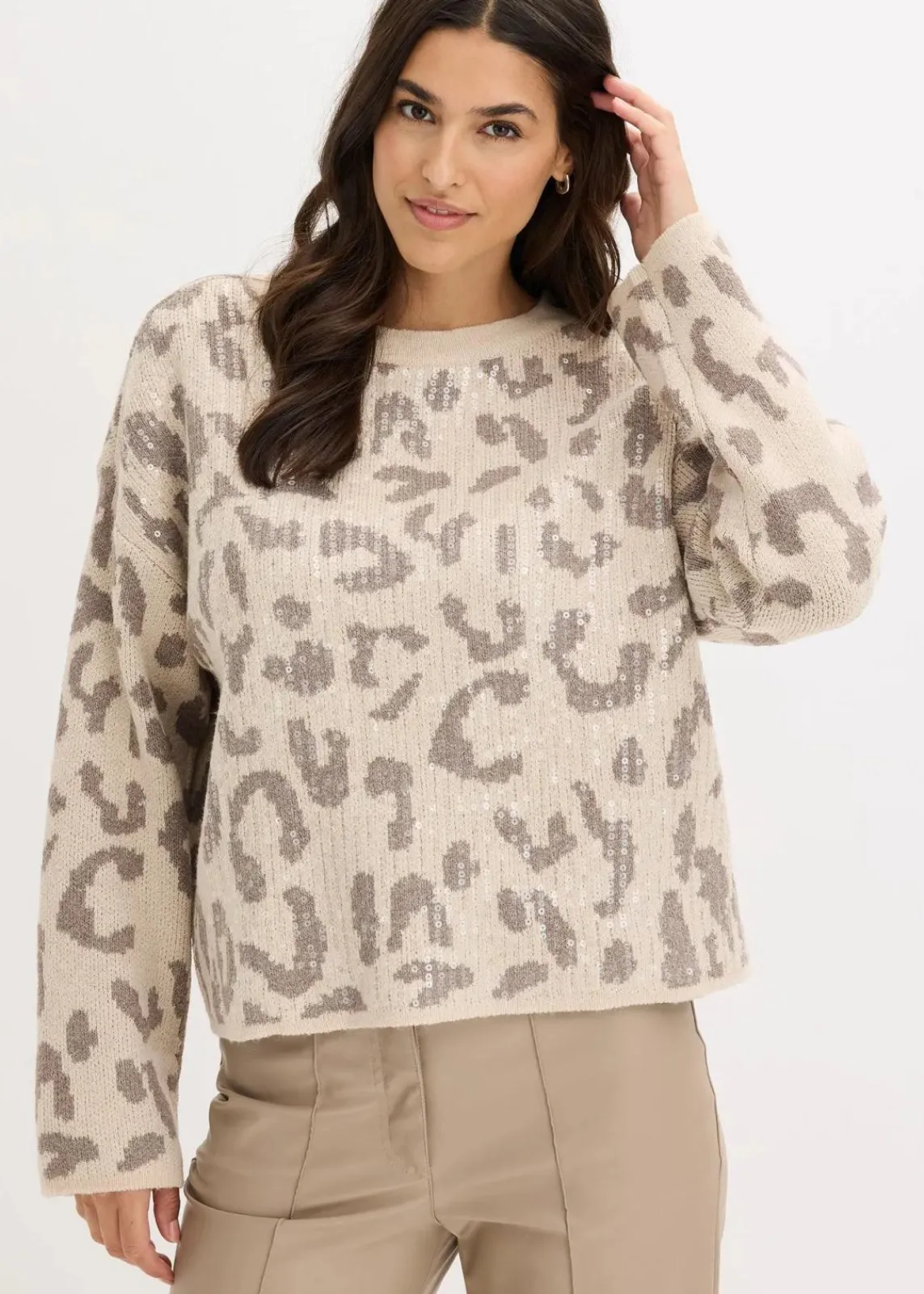 bonprix Bekleidung·Umstandsmode|Strickmode^Jacquard Oversize Pullover mit Pailletten sandbeige/taupe leo