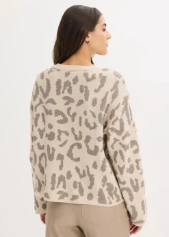 bonprix Bekleidung·Umstandsmode|Strickmode^Jacquard Oversize Pullover mit Pailletten sandbeige/taupe leo