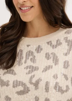 bonprix Bekleidung·Umstandsmode|Strickmode^Jacquard Oversize Pullover mit Pailletten sandbeige/taupe leo
