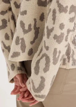 bonprix Bekleidung·Umstandsmode|Strickmode^Jacquard Oversize Pullover mit Pailletten sandbeige/taupe leo