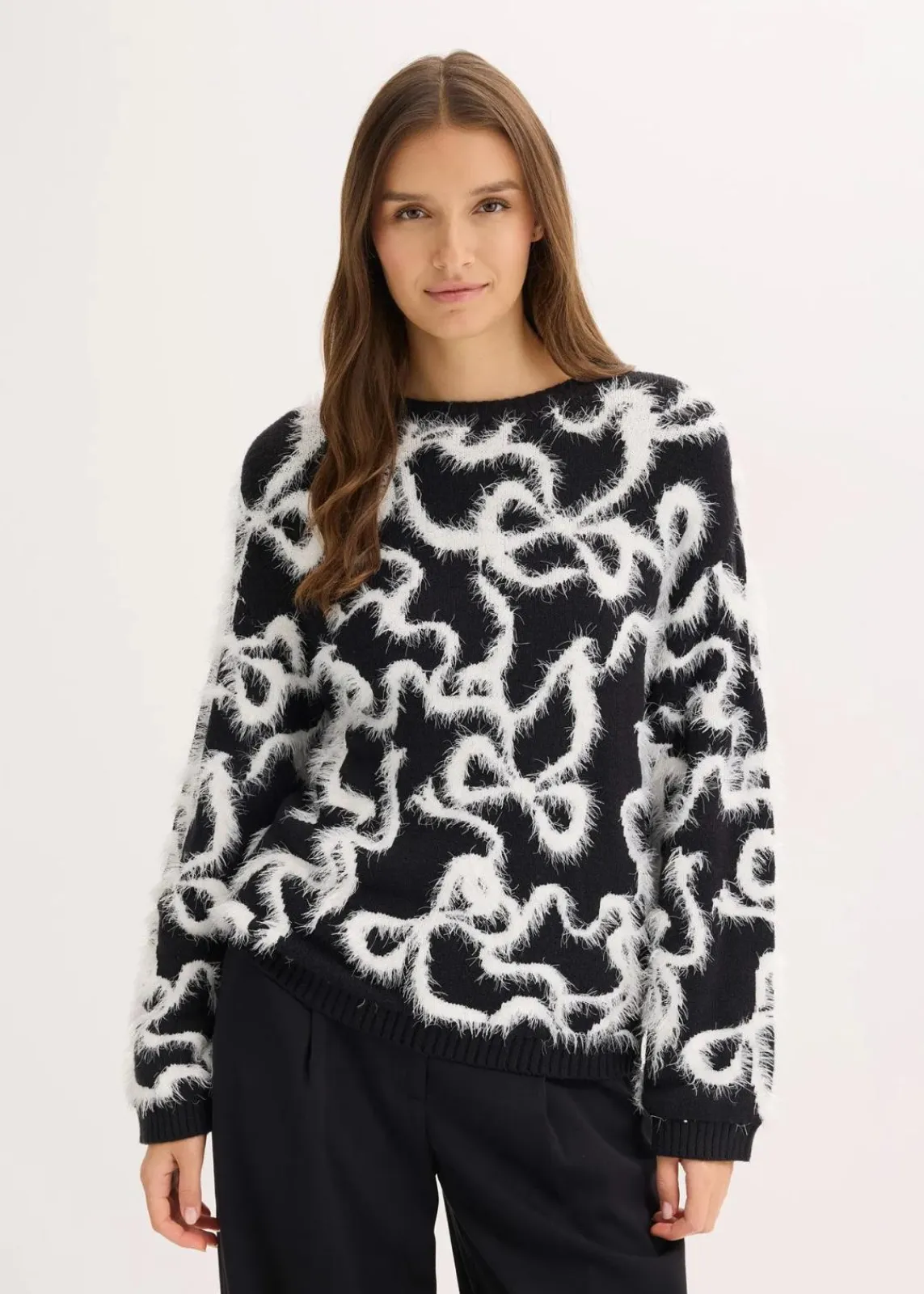 bonprix Bekleidung·Umstandsmode|Bekleidung·Jeans^Jacquard-Pullover aus softem Viskose-Mix schwarz/wollweiß schleifen
