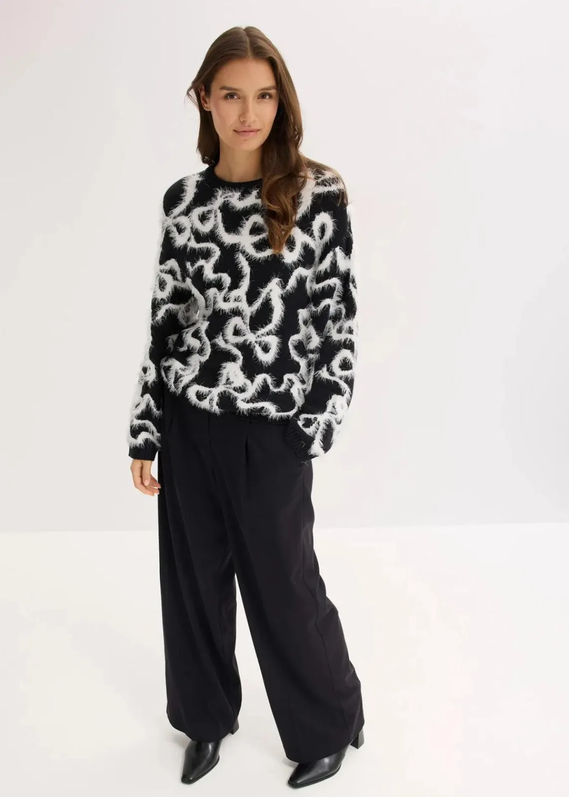 bonprix Bekleidung·Umstandsmode|Bekleidung·Jeans^Jacquard-Pullover aus softem Viskose-Mix schwarz/wollweiß schleifen