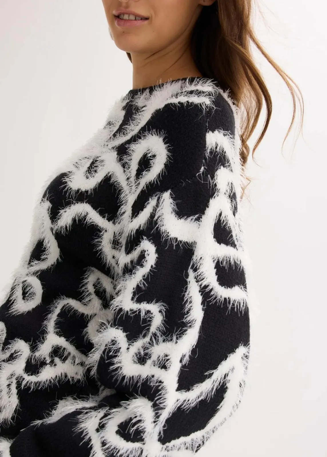 bonprix Bekleidung·Umstandsmode|Bekleidung·Jeans^Jacquard-Pullover aus softem Viskose-Mix schwarz/wollweiß schleifen