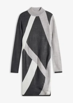 bonprix Bekleidung·Umstandsmode|Bekleidung·Pullover & Strickjacken^Jacquard-Strickkleid mit modernen Streifen anthrazit meliert/hellgrau meliert/wollweiß