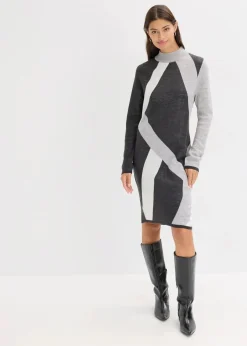 bonprix Bekleidung·Umstandsmode|Bekleidung·Pullover & Strickjacken^Jacquard-Strickkleid mit modernen Streifen anthrazit meliert/hellgrau meliert/wollweiß