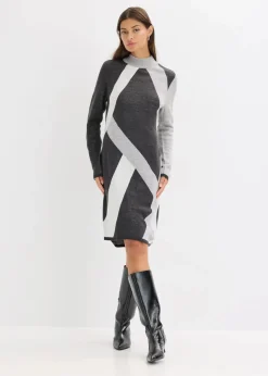 bonprix Bekleidung·Umstandsmode|Bekleidung·Pullover & Strickjacken^Jacquard-Strickkleid mit modernen Streifen anthrazit meliert/hellgrau meliert/wollweiß
