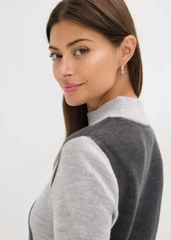 bonprix Bekleidung·Umstandsmode|Bekleidung·Pullover & Strickjacken^Jacquard-Strickkleid mit modernen Streifen anthrazit meliert/hellgrau meliert/wollweiß