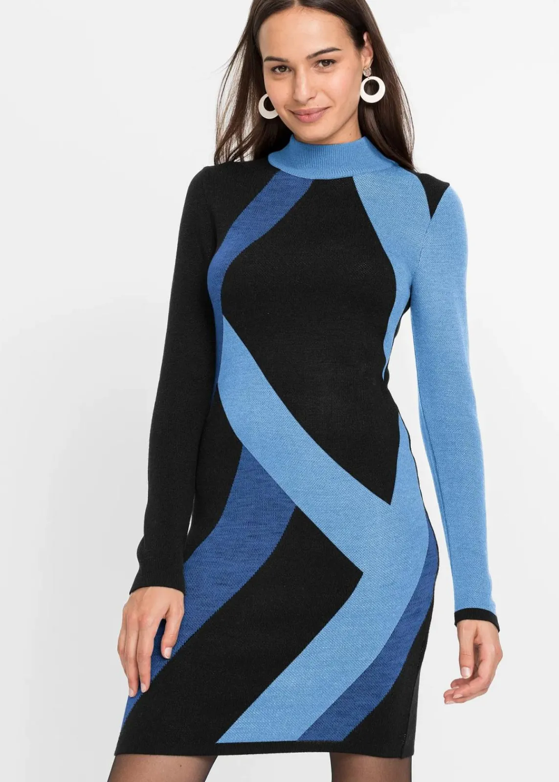 bonprix Strickmode|Bekleidung·Pullover & Strickjacken^Jacquard-Strickkleid mit modernen Streifen hellblau/dunkelblau graphisch
