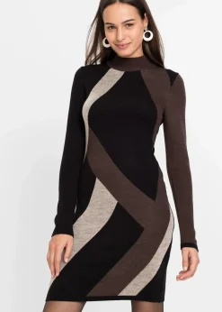 bonprix Strickmode|Bekleidung·Pullover & Strickjacken^Jacquard-Strickkleid mit modernen Streifen schwarz/braun graphisch