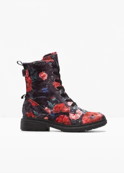 Jana High Heels|Komfortschuhe^Schnürboots in bequemer Weite schwarz/rot geblümt