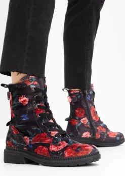 Jana High Heels|Komfortschuhe^Schnürboots in bequemer Weite schwarz/rot geblümt