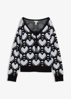 bonprix Bekleidung·Umstandsmode|Strickmode^Jaquard Feinstrickpullover schwarz/weiß herzen