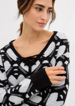 bonprix Bekleidung·Umstandsmode|Strickmode^Jaquard Feinstrickpullover schwarz/weiß herzen
