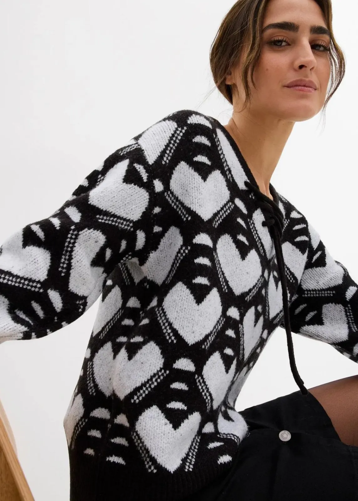 bonprix Bekleidung·Umstandsmode|Strickmode^Jaquard Feinstrickpullover schwarz/weiß herzen