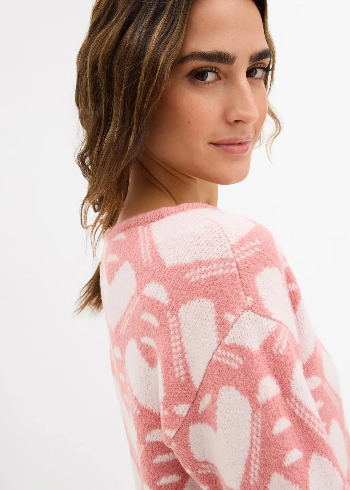 bonprix Bekleidung·Umstandsmode|Strickmode^Jaquard Feinstrickpullover rosa/weiß herzen
