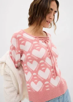 bonprix Bekleidung·Umstandsmode|Strickmode^Jaquard Feinstrickpullover rosa/weiß herzen