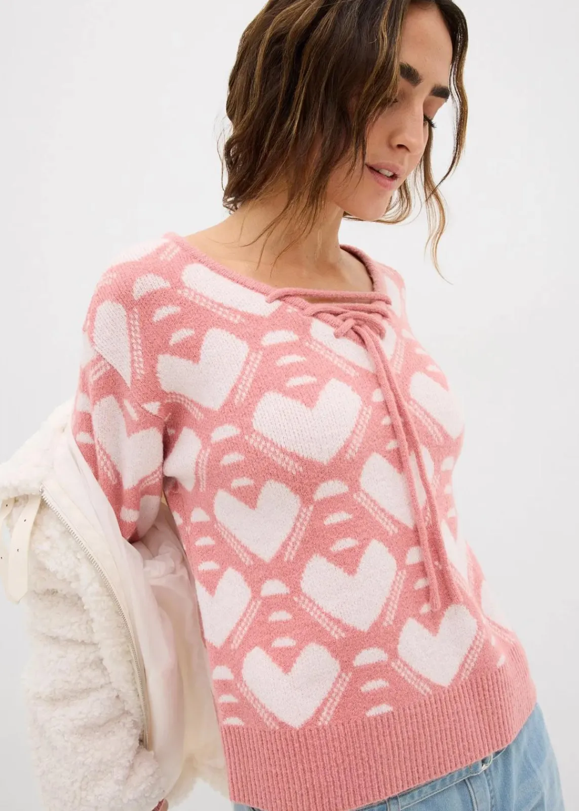 bonprix Bekleidung·Umstandsmode|Strickmode^Jaquard Feinstrickpullover rosa/weiß herzen