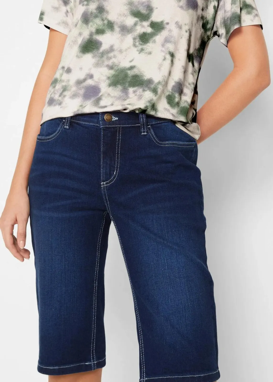 bonprix Jeans|Bekleidung·Shirts & Tops^Jeans Bermuda Mid Waist, Stretch blau denim used