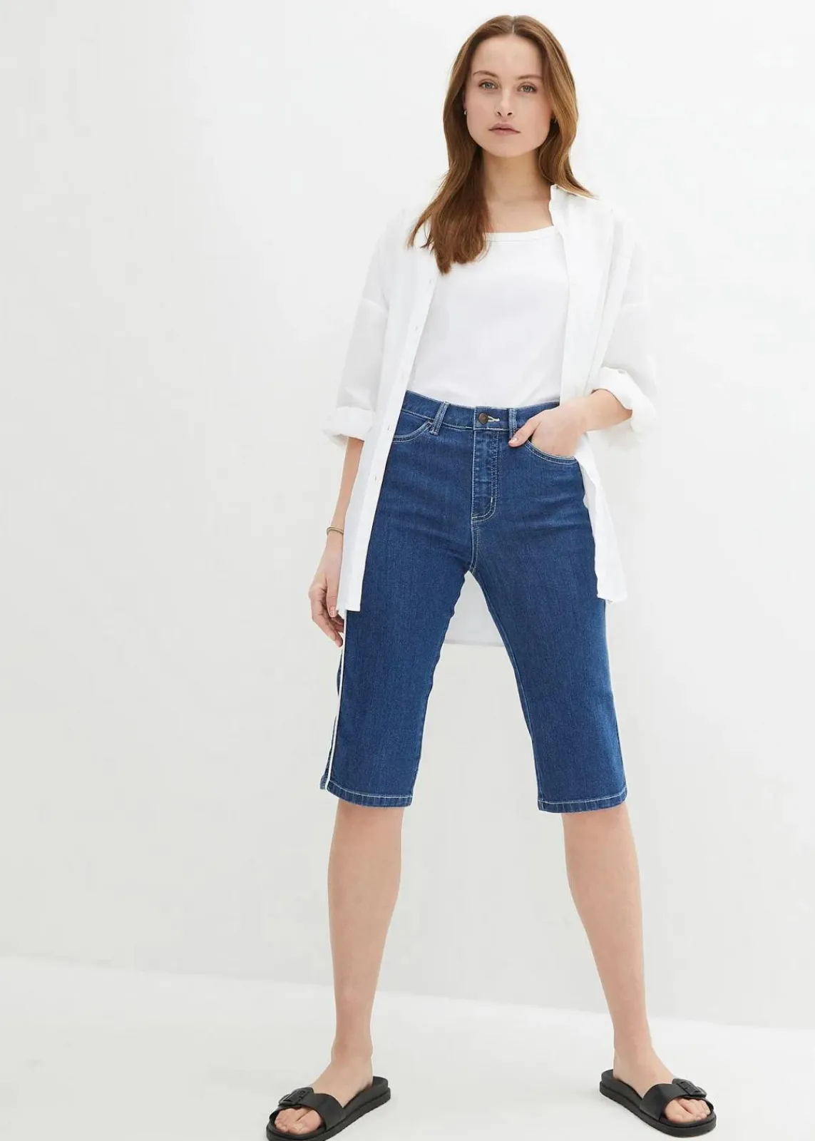 bonprix Jeans|Shorts^Jeans Bermuda Slim Fit High Waist blau denim used