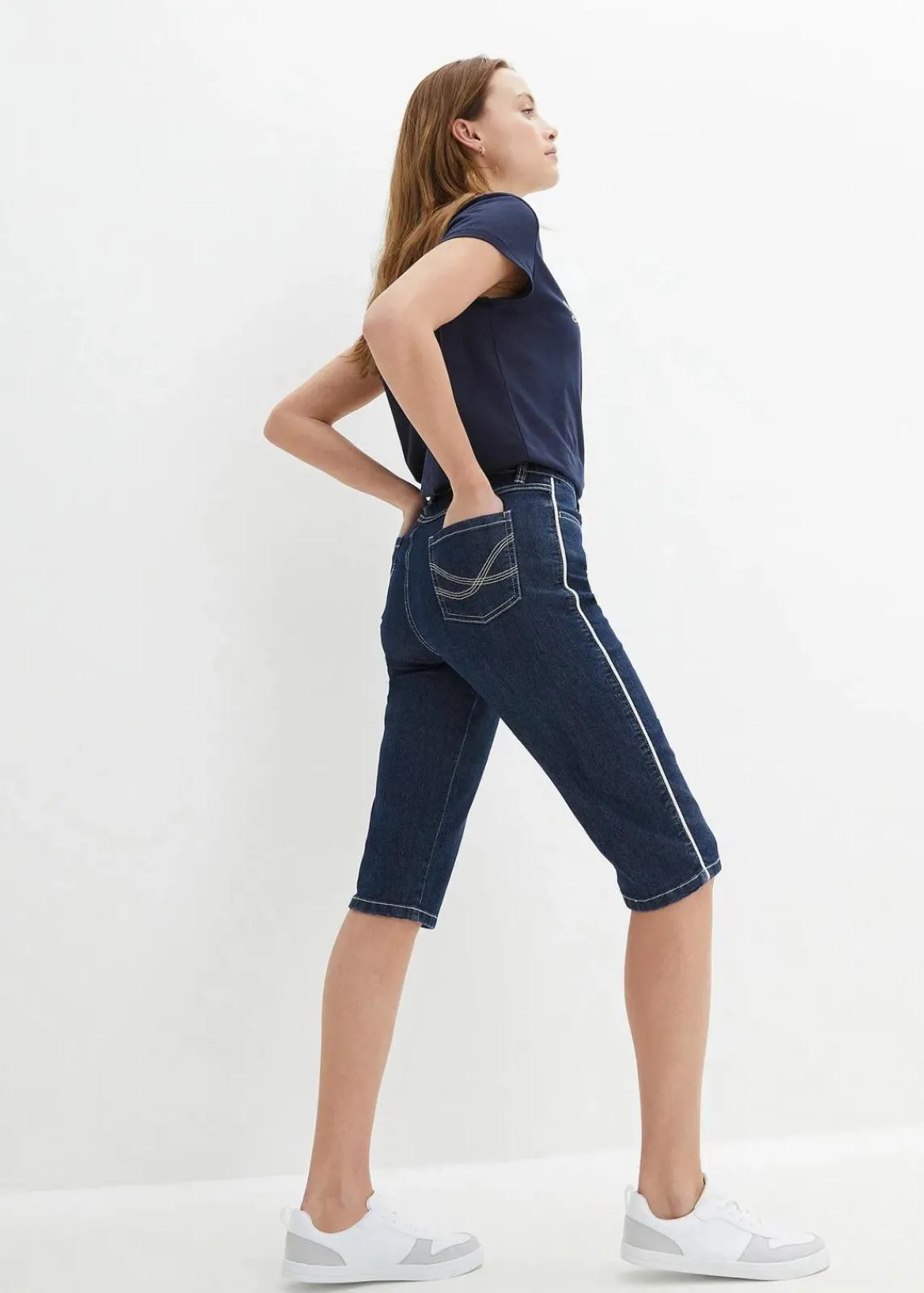 bonprix Bekleidung·Outdoorbekleidung|Bekleidung·Shirts & Tops^Jeans Bermuda Slim Fit High Waist dunkelblau denim used