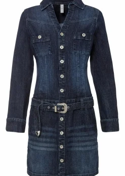 bonprix Kleider^Jeans Kleid mit Gürtel tiefblau denim ungewaschen