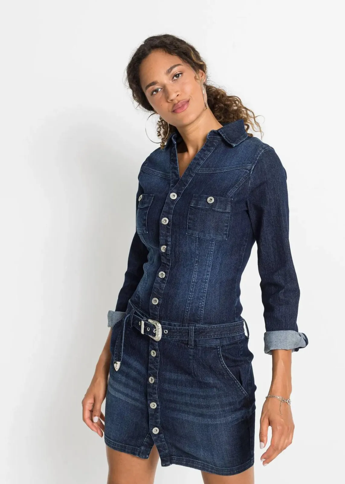bonprix Kleider^Jeans Kleid mit Gürtel tiefblau denim ungewaschen