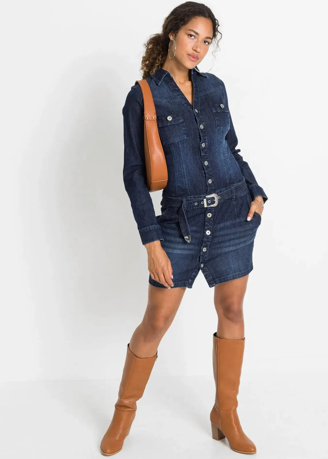 bonprix Kleider^Jeans Kleid mit Gürtel tiefblau denim ungewaschen