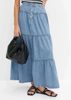 bonprix Bekleidung·Sportbekleidung|Röcke^Jeans Stufenrock mit Knopfleiste eisblau denim
